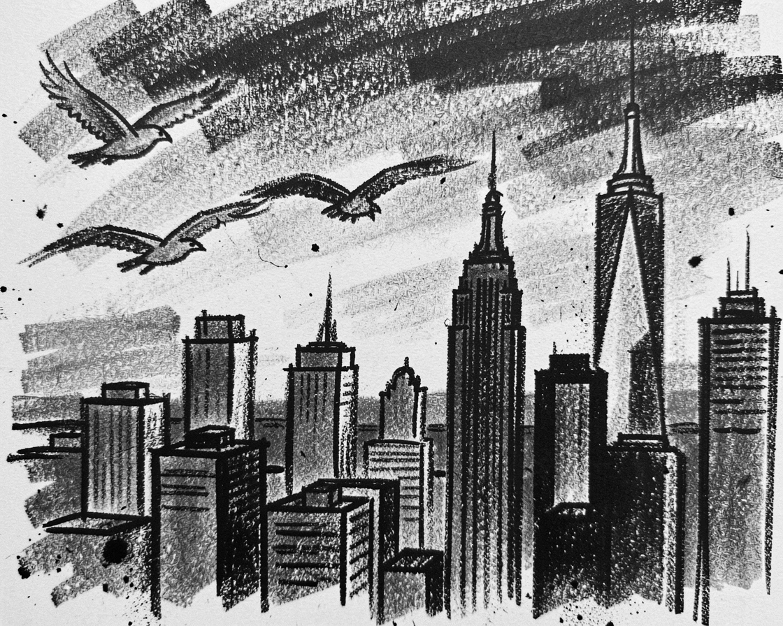 The skyline of New York City at dusk as birds fly across the sky above.