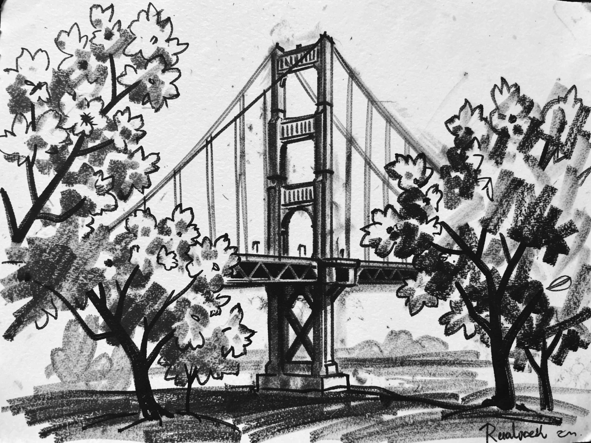 The Golden Gate Bridge framed by blooming trees in the foreground.