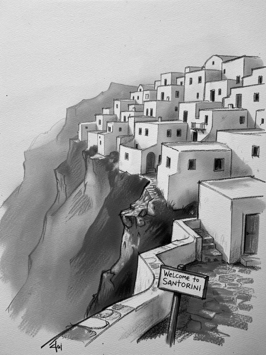 Santorini's whitewashed cliffside village shrouded in gentle morning mist.