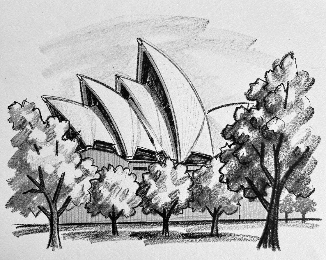 The Sydney Opera House framed by blooming trees in the foreground.