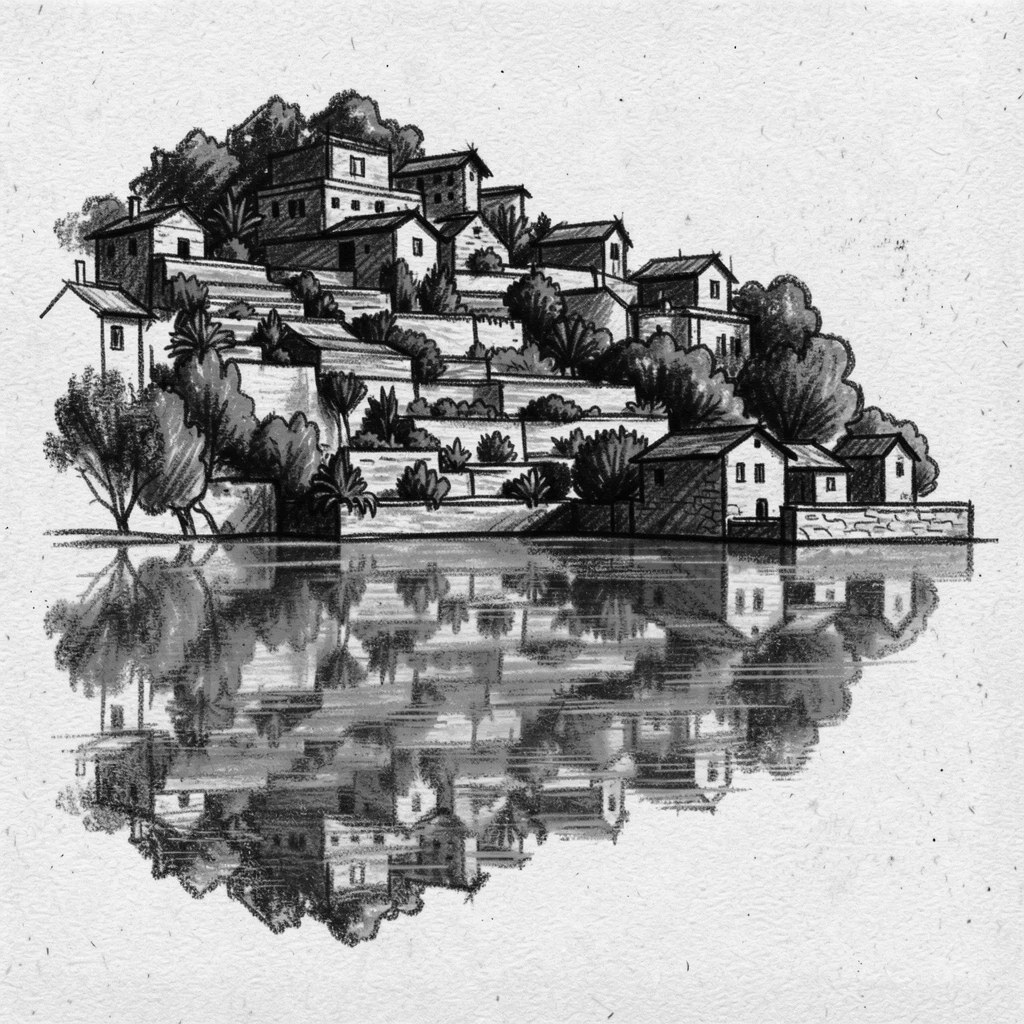 The hanging gardens of a hillside village reflected perfectly in calm water nearby.