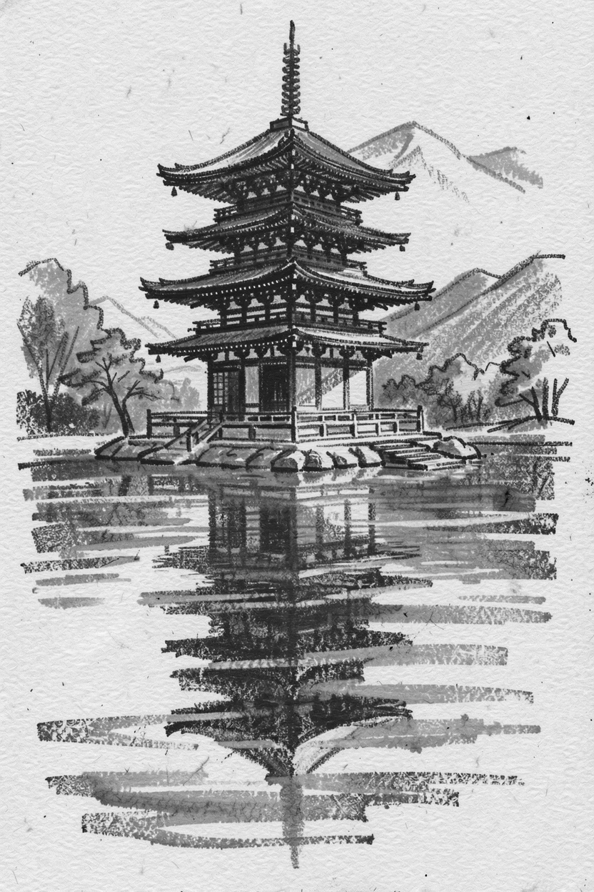 A traditional Japanese pagoda reflected perfectly in calm water nearby.