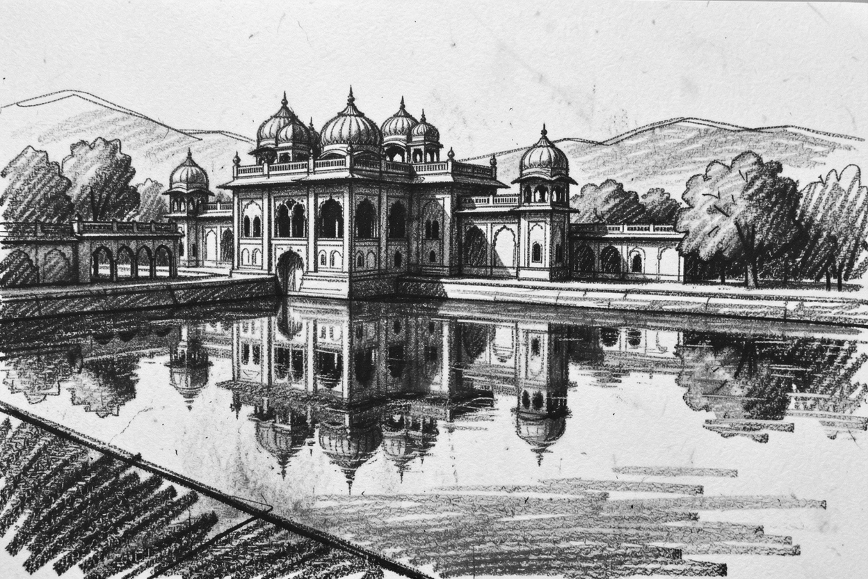 An Indian palace reflected in a lake viewed from a quiet elevated vantage point.