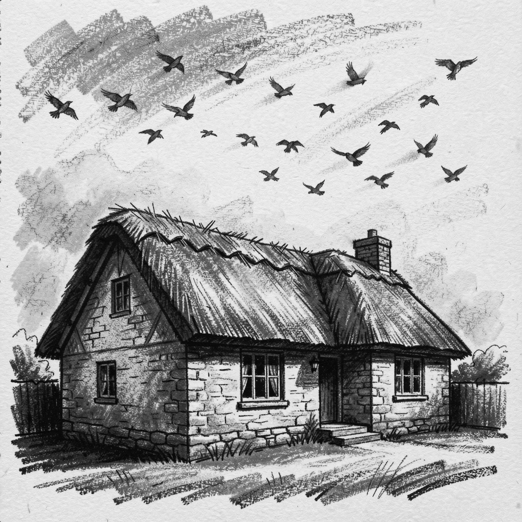 An old English countryside cottage as birds fly across the sky above.