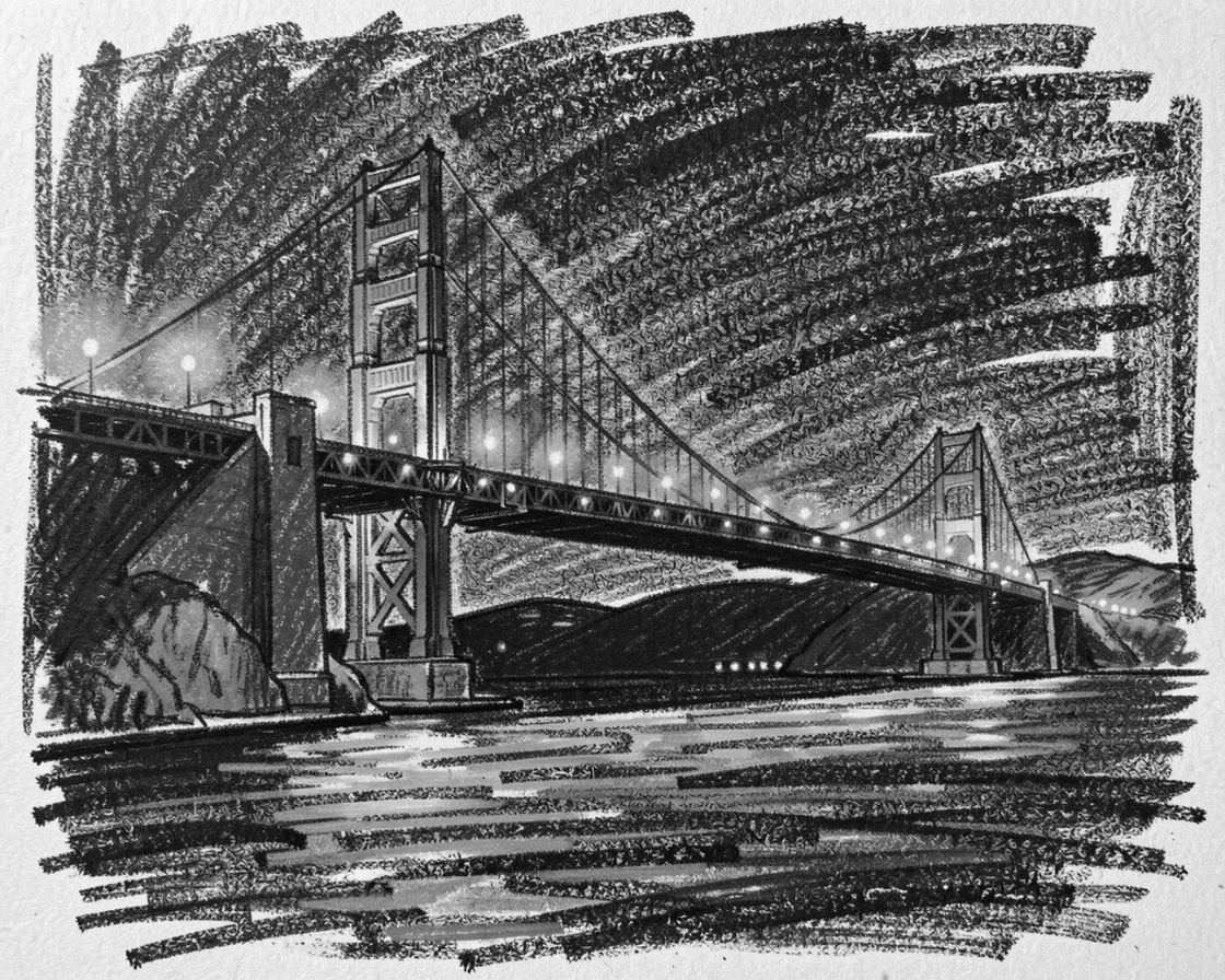 The Golden Gate Bridge illuminated by warm street lamps at night.