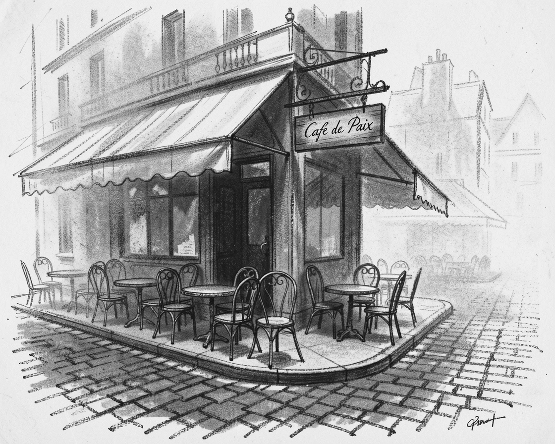 A Parisian café street corner shrouded in gentle morning mist.
