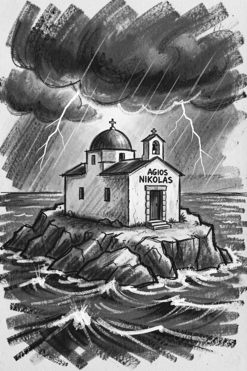 A Greek island chapel as a storm rolls in over the horizon.