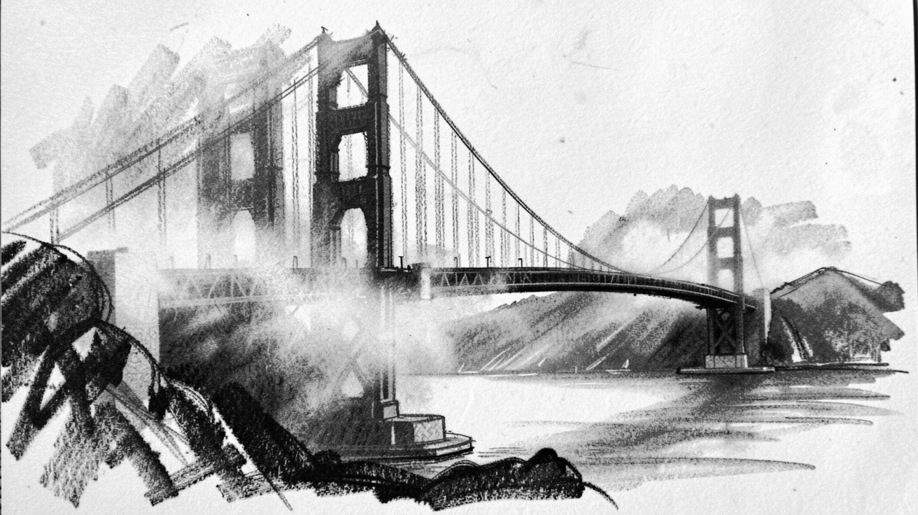 The Golden Gate Bridge shrouded in gentle morning mist.