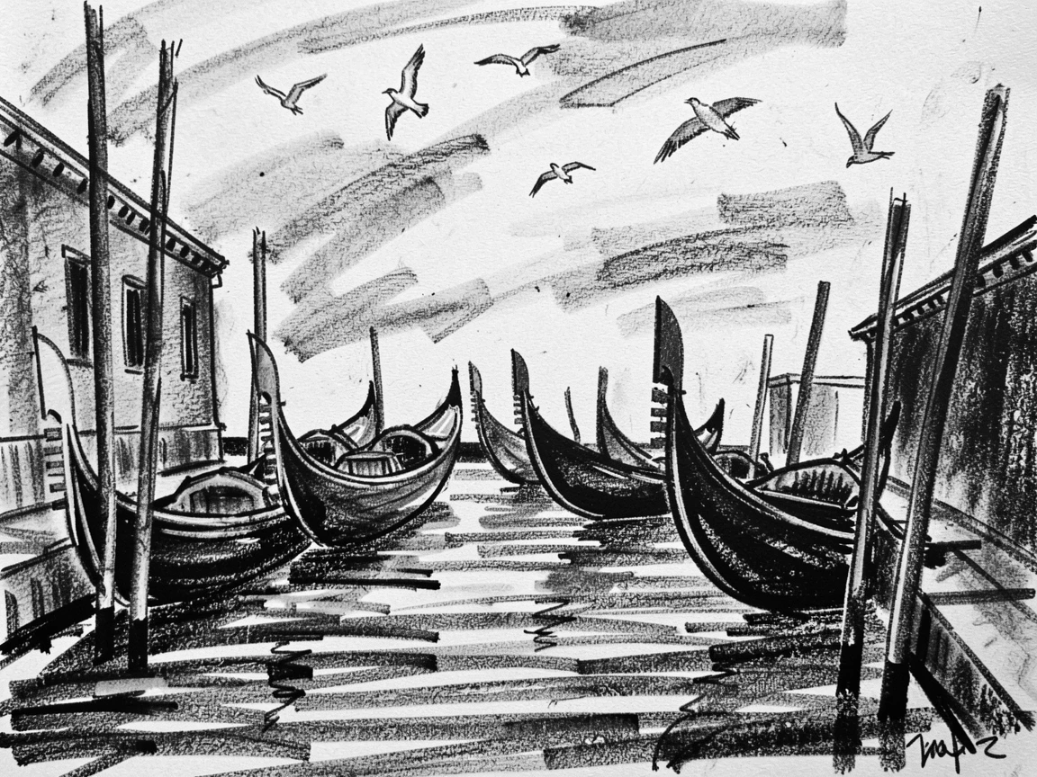 A Venetian canal lined with gondolas as birds fly across the sky above.