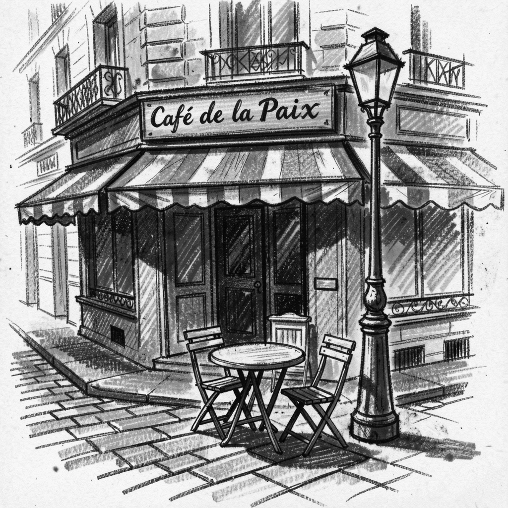 A Parisian café street corner with intricate details visible up close.