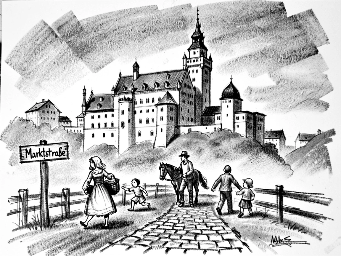 Neuschwanstein Castle with locals going about their daily life nearby.