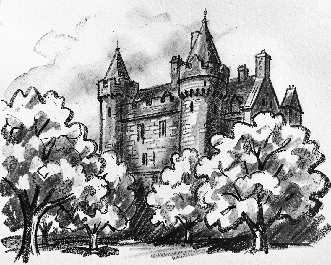 A Scottish highland castle framed by blooming trees in the foreground.