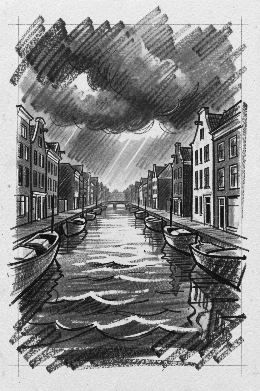 The canals of Amsterdam as a storm rolls in over the horizon.