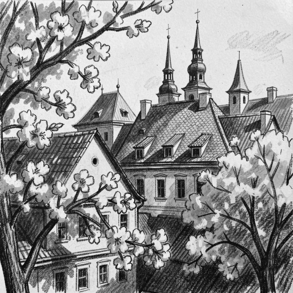 The rooftops of Prague's Old Town framed by blooming trees in the foreground.