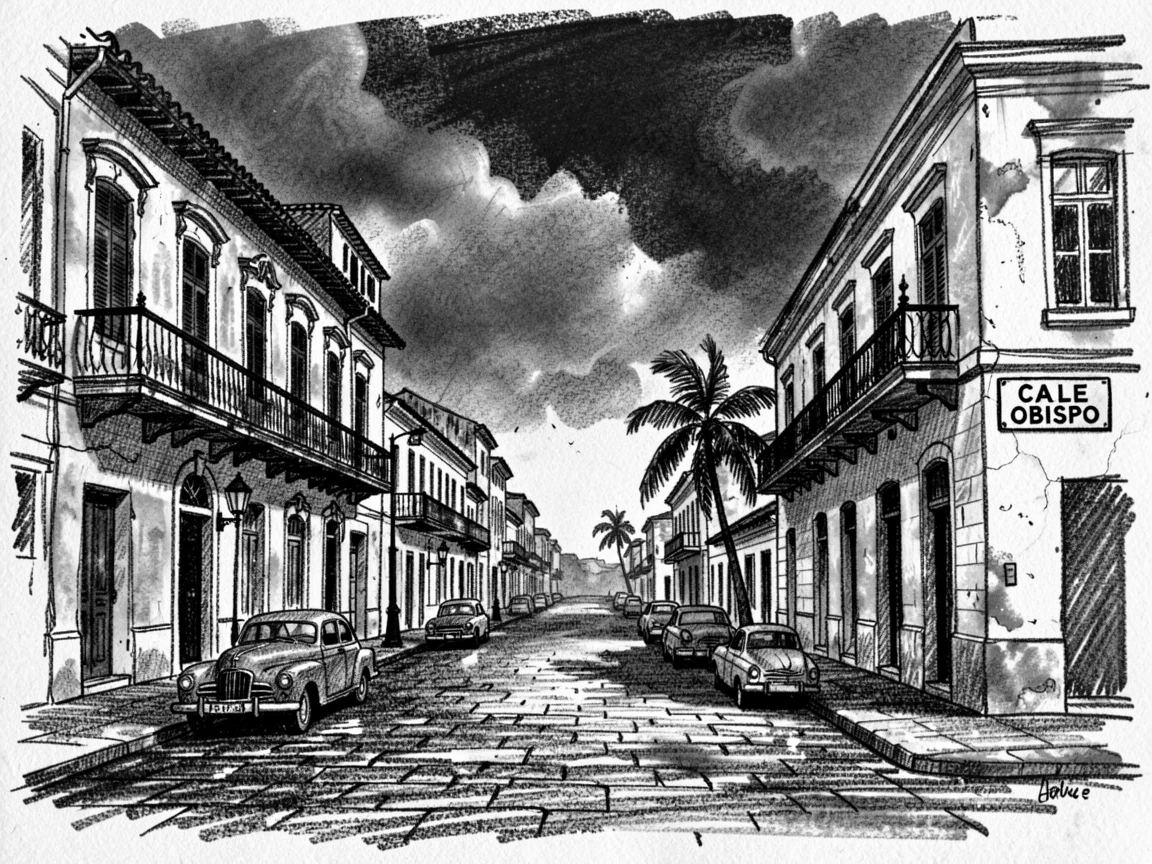 The streets of old Havana as a storm rolls in over the horizon.