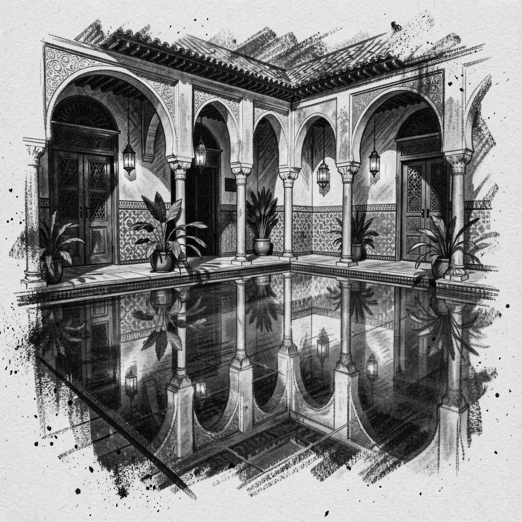 A Moroccan riad courtyard reflected perfectly in calm water nearby.