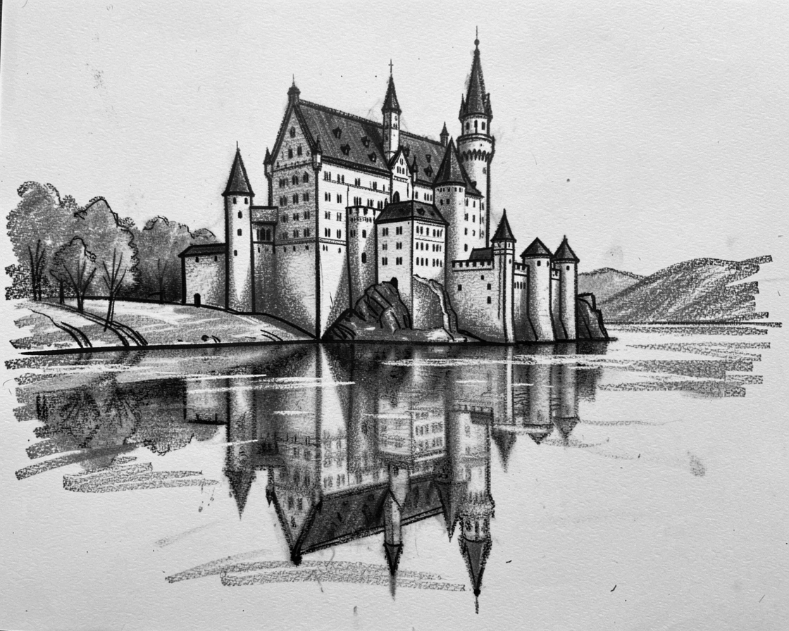 Neuschwanstein Castle reflected perfectly in calm water nearby.