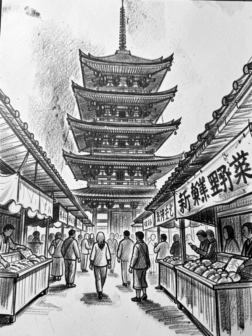 A traditional Japanese pagoda surrounded by bustling crowds and market stalls.