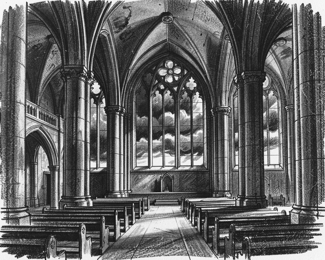 A grand cathedral interior as a storm rolls in over the horizon.