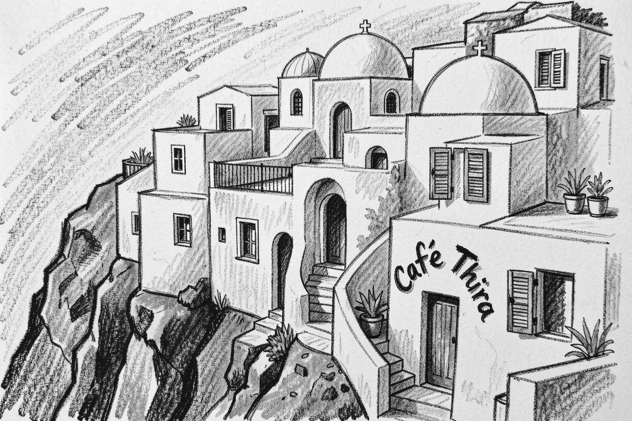 Santorini's whitewashed cliffside village with intricate details visible up close.