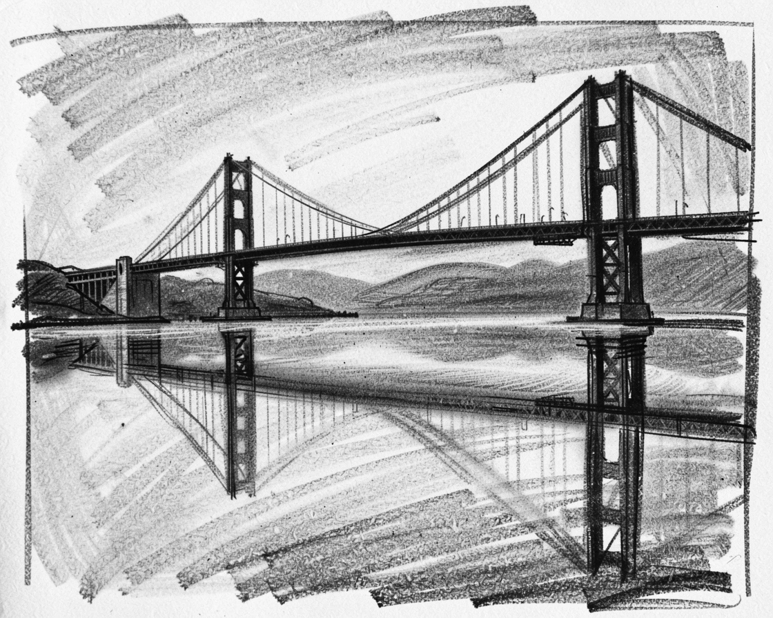 The Golden Gate Bridge reflected perfectly in calm water nearby.