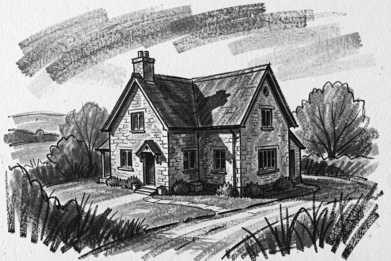 An old English countryside cottage viewed from a quiet elevated vantage point.