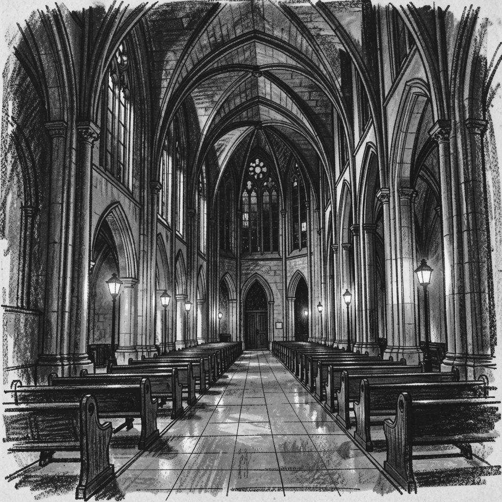 A grand cathedral interior illuminated by warm street lamps at night.