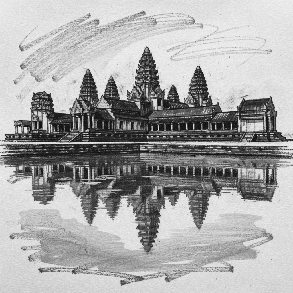 The temples of Angkor Wat reflected perfectly in calm water nearby.