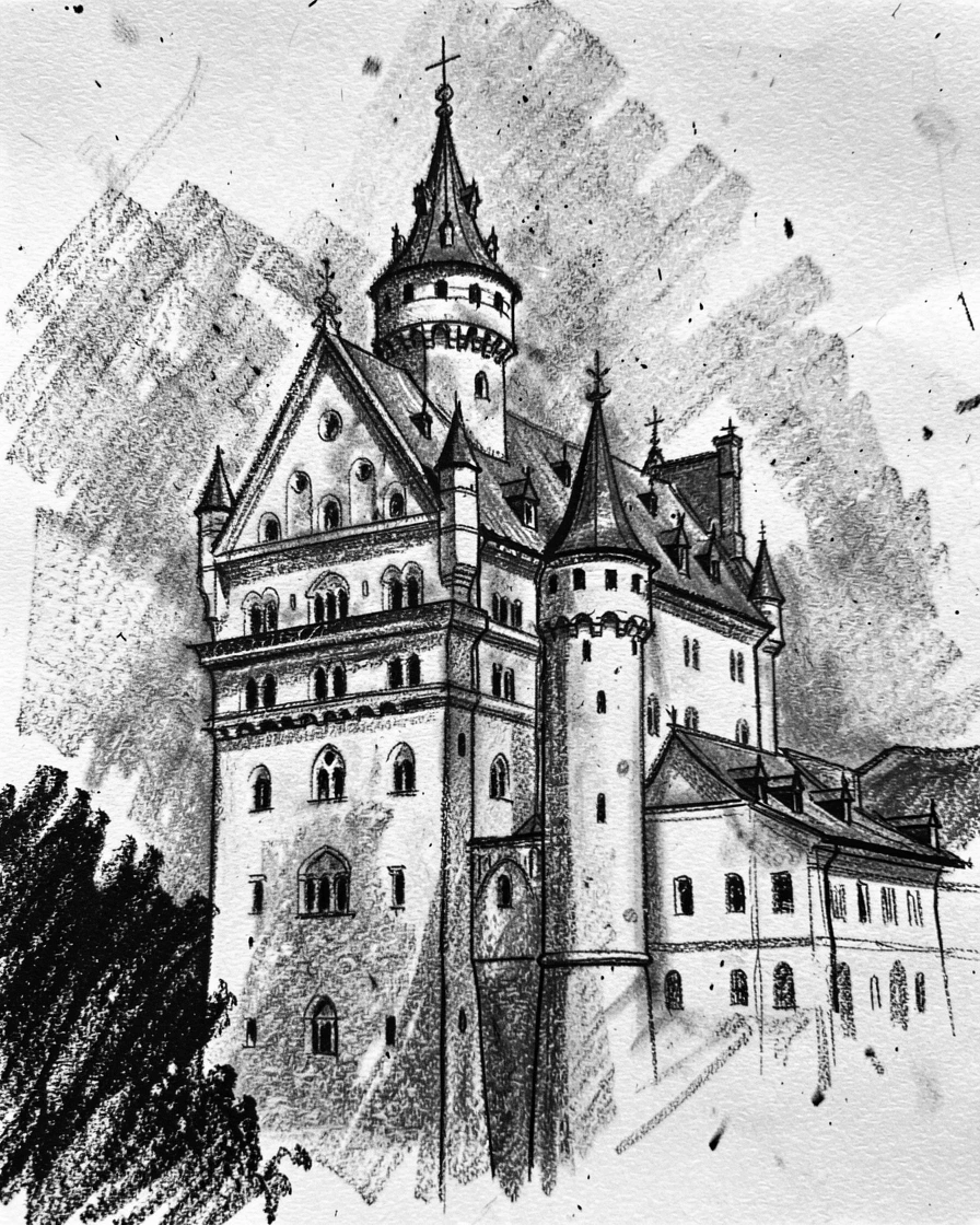 Neuschwanstein Castle with intricate details visible up close.