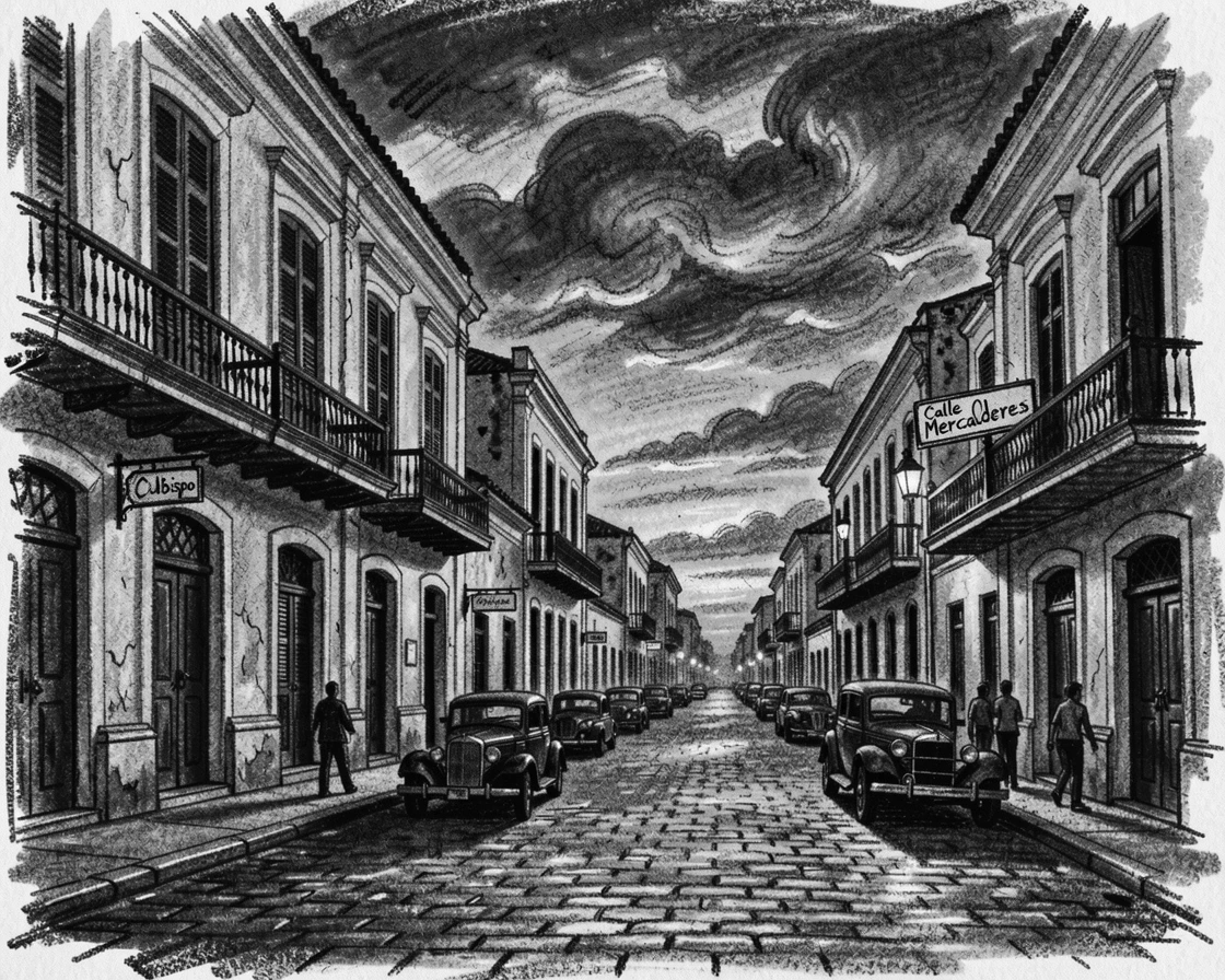 The streets of old Havana under a dramatic evening sky.