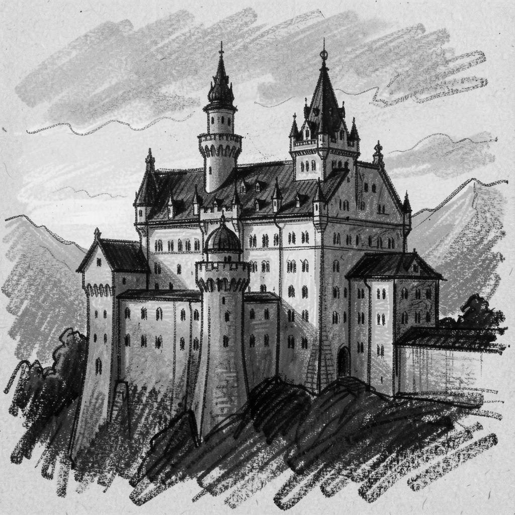 Neuschwanstein Castle bathed in warm golden-hour light.