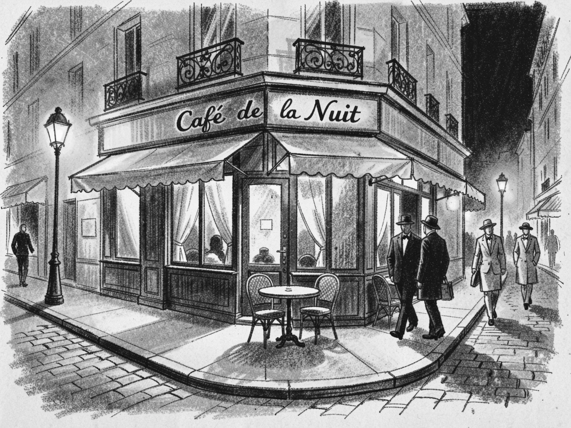 A Parisian café street corner illuminated by warm street lamps at night.
