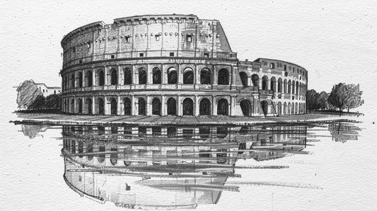 The Colosseum reflected perfectly in calm water nearby.