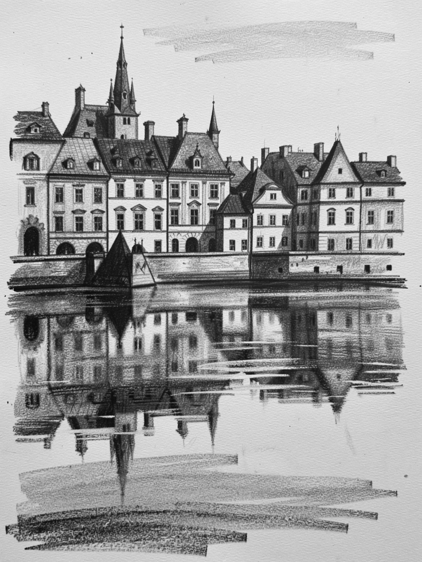 The rooftops of Prague's Old Town reflected perfectly in calm water nearby.