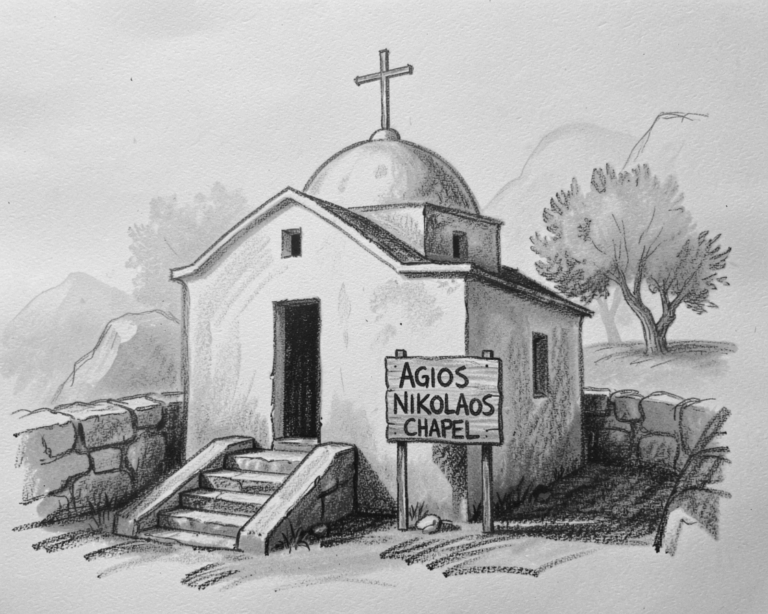 A Greek island chapel shrouded in gentle morning mist.