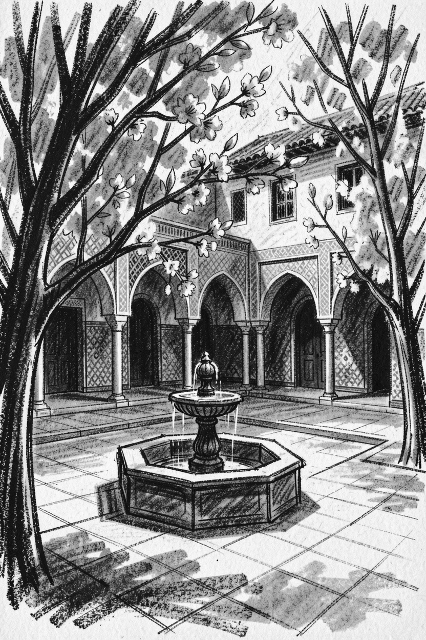 A Moroccan riad courtyard framed by blooming trees in the foreground.