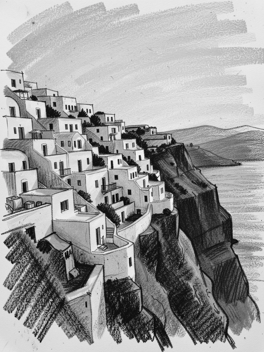 Santorini's whitewashed cliffside village bathed in warm golden-hour light.