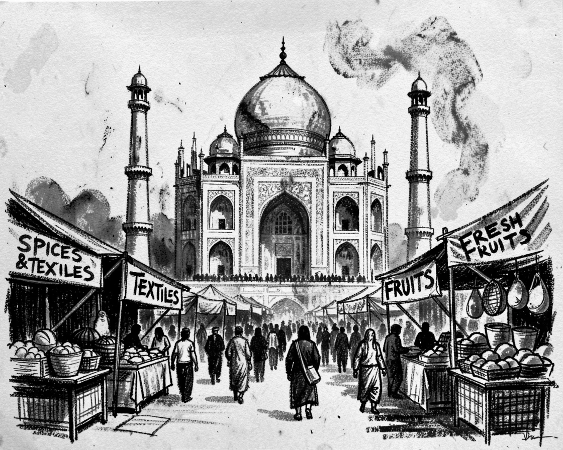 The Taj Mahal surrounded by bustling crowds and market stalls.