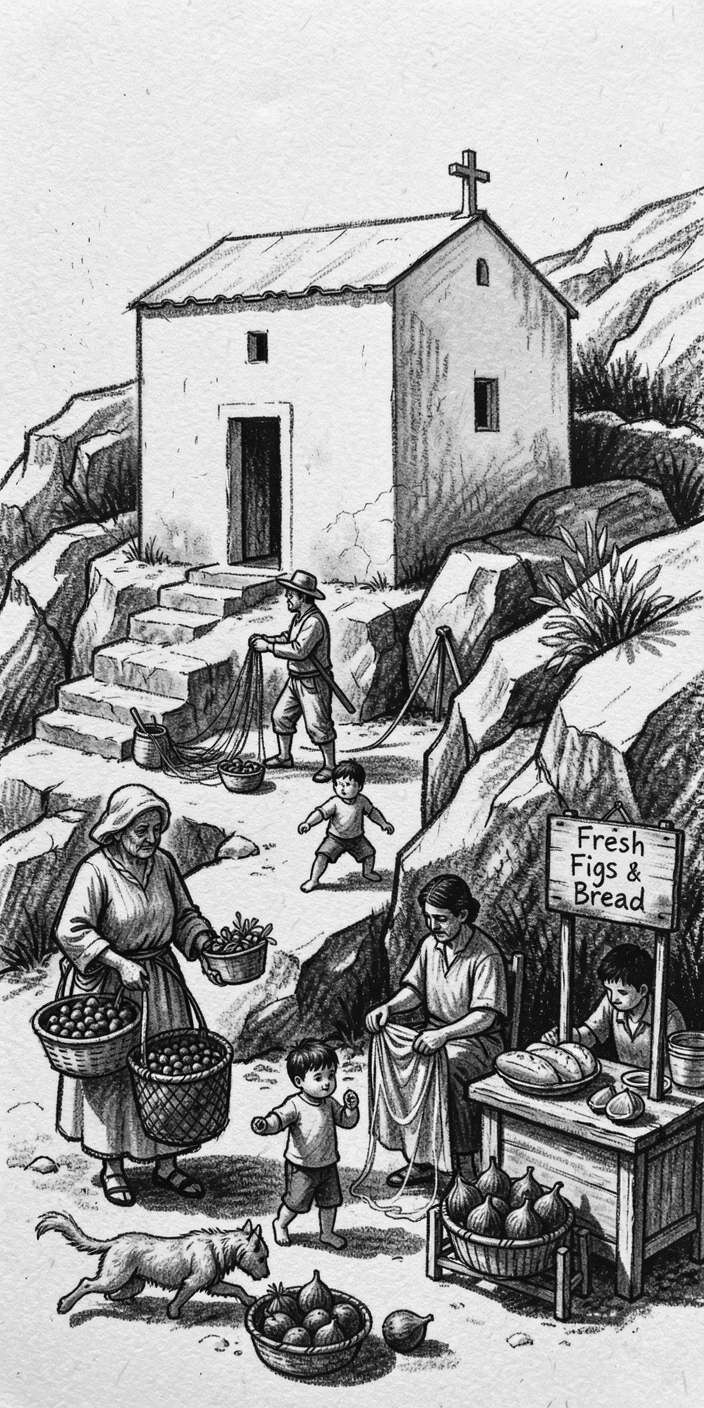 A Greek island chapel with locals going about their daily life nearby.