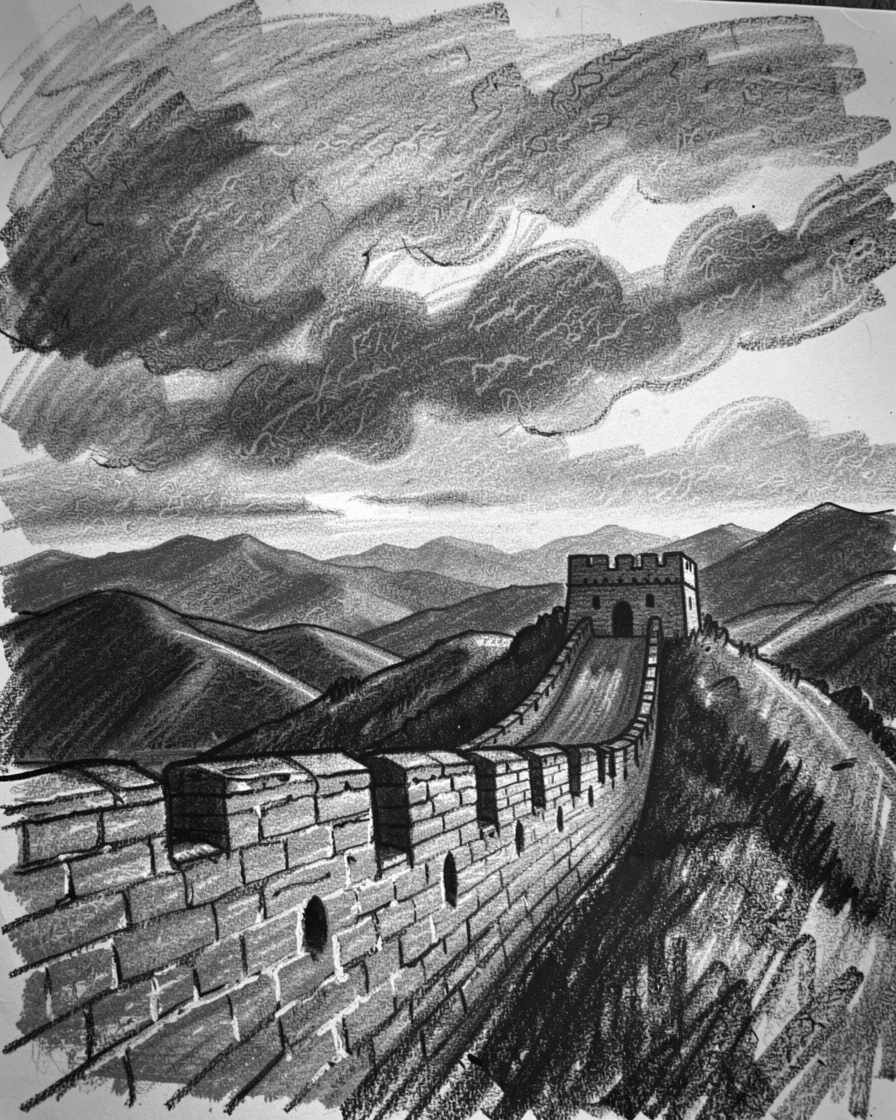 The Great Wall of China under a dramatic evening sky.