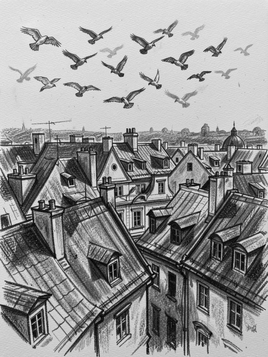 The rooftops of Prague's Old Town as birds fly across the sky above.