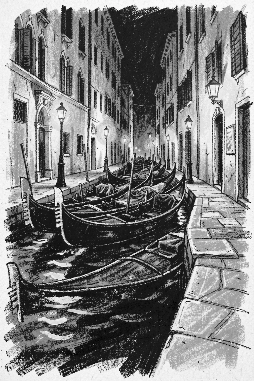 A Venetian canal lined with gondolas illuminated by warm street lamps at night.