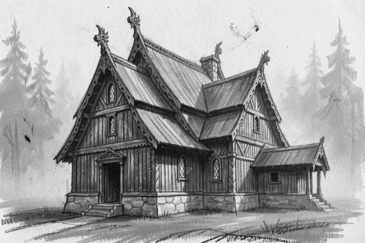 A Nordic wooden stave church shrouded in gentle morning mist.