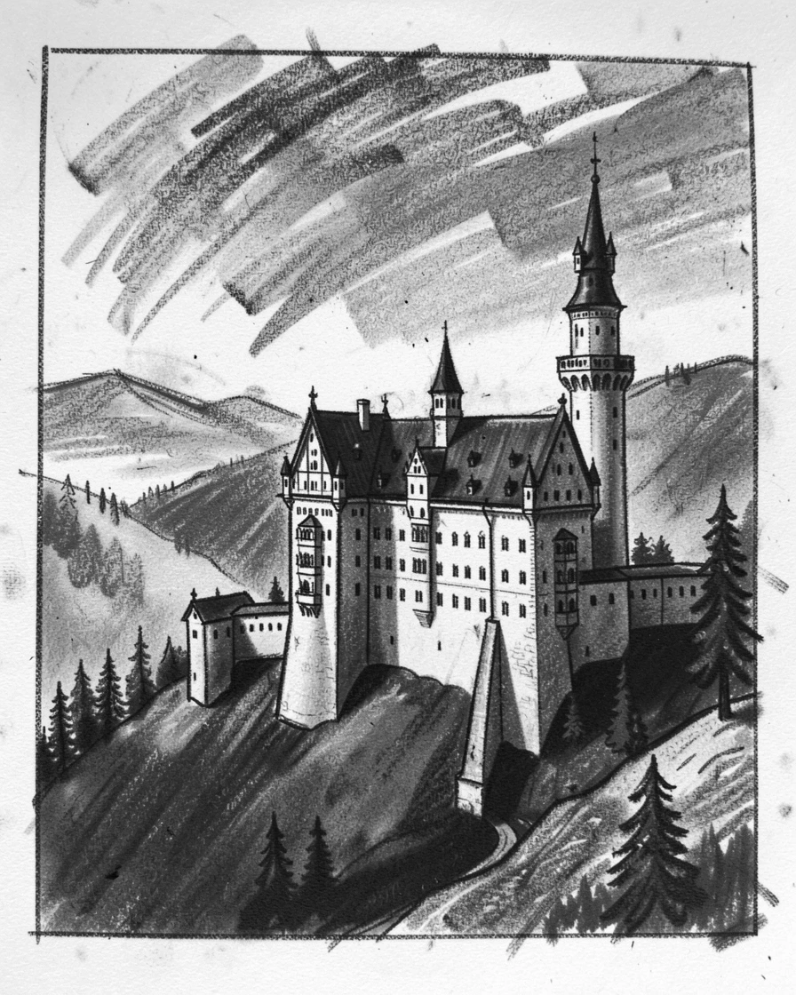 Neuschwanstein Castle viewed from a quiet elevated vantage point.
