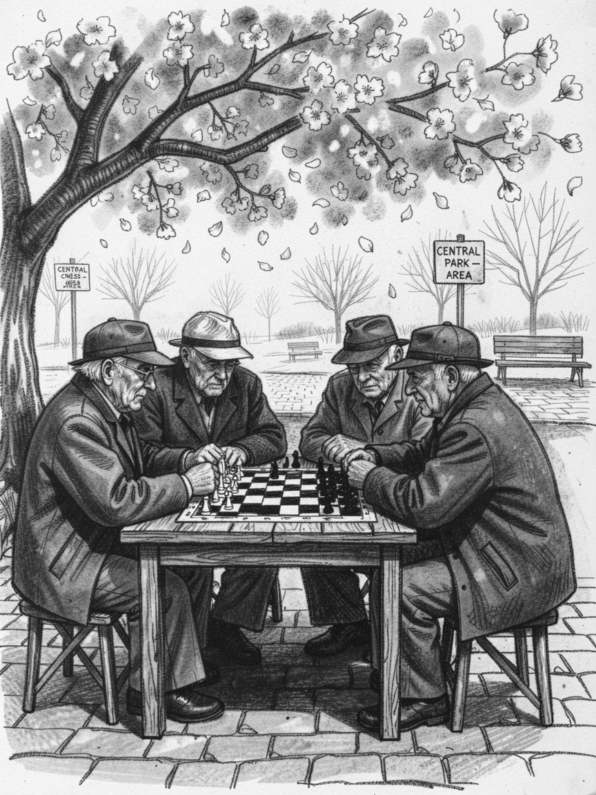 A group of elderly men playing chess in a park, beneath blossoming trees in full bloom.