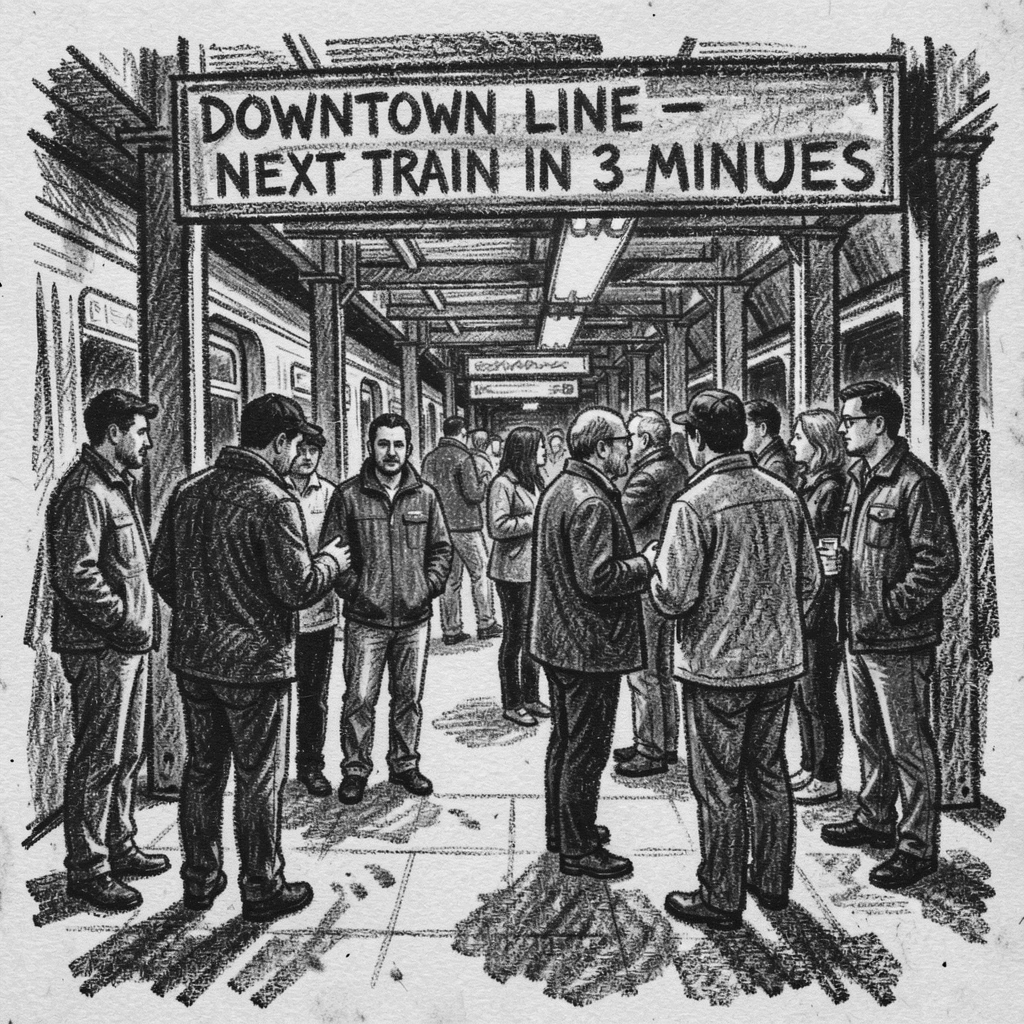 A crowded subway platform during rush hour, in a moment of quiet togetherness.