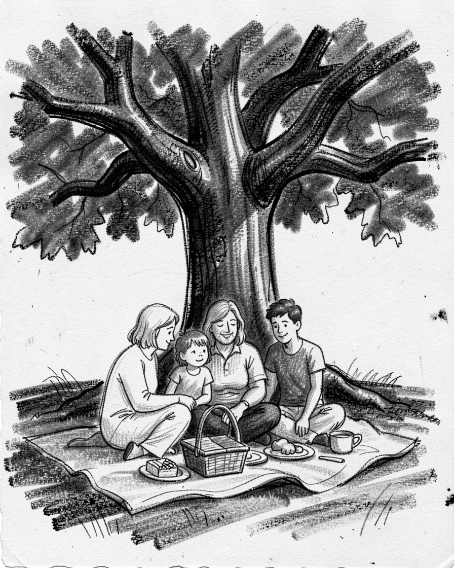 A family sharing a picnic under a large shade tree, in a moment of quiet togetherness.