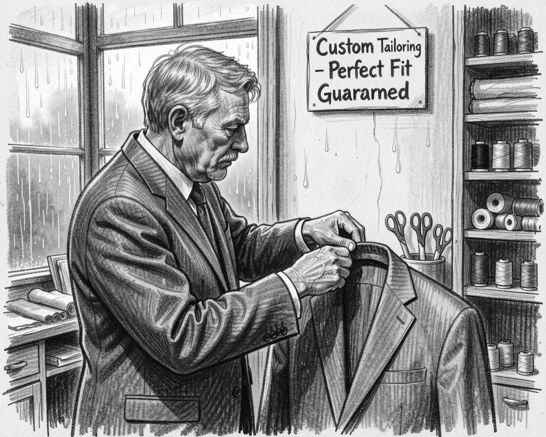A tailor fitting a suit in a small shop, as gentle rain patters down around them.