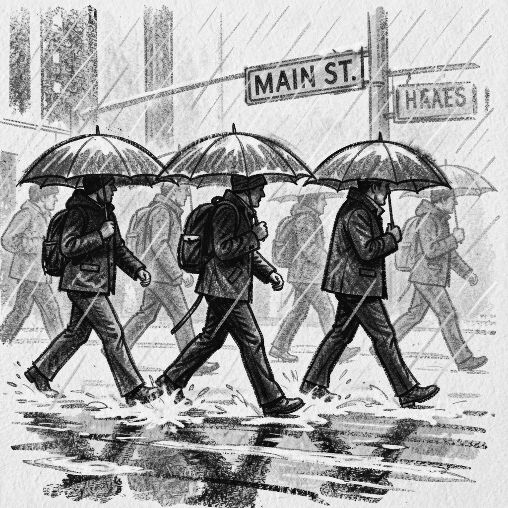 Commuters crossing a rain-soaked city street with umbrellas, under a soft blanket of falling snow.