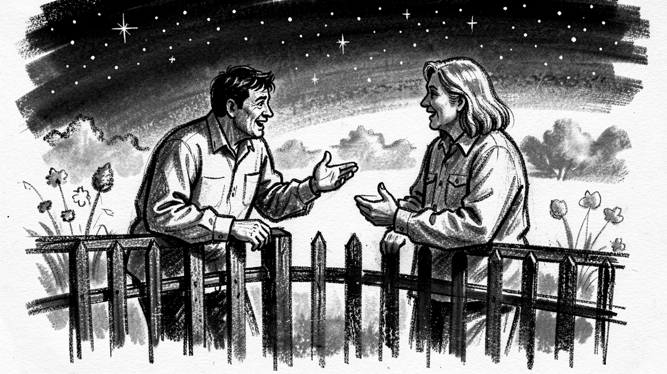 Neighbors chatting over a garden fence, as the first stars appear overhead.